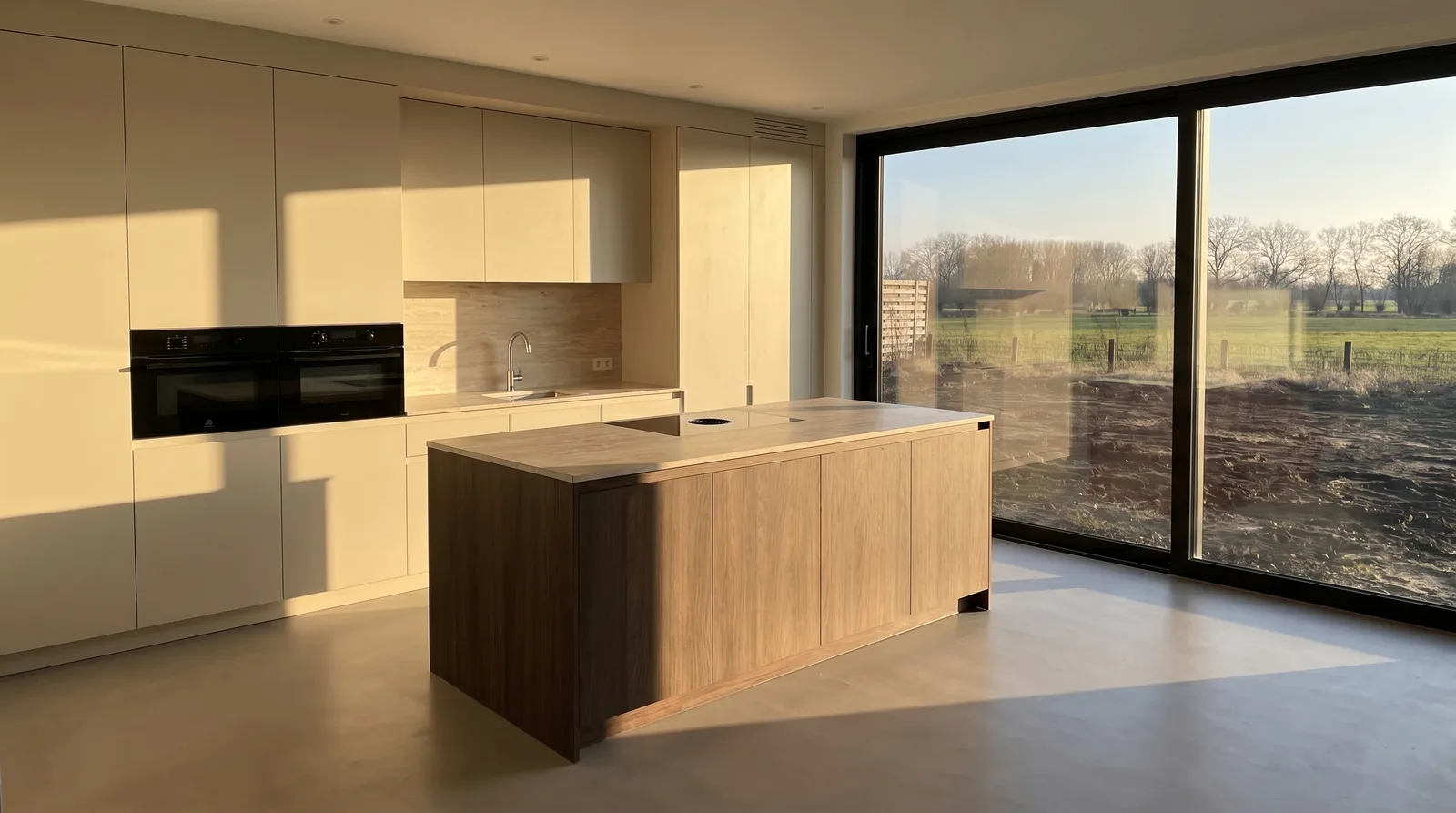 Visualisatie van warm avondlicht op het houten keukeneiland in de eigen woning.